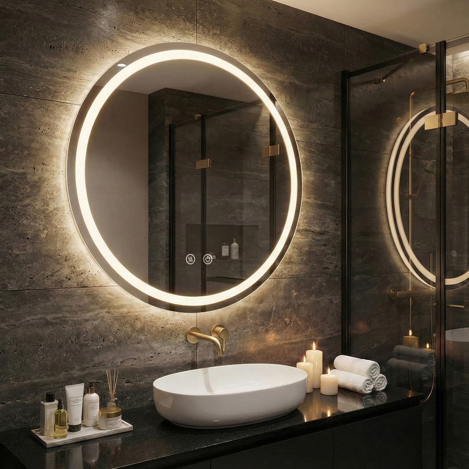 Детайлно изображение на LED Mirror Sun 60cm | Double Light Ring | Anti-Fog | Touch Control | IP54 Снимка на LED Mirror Sun 60cm | Double Light Ring | Anti-Fog | Touch Control | IP54