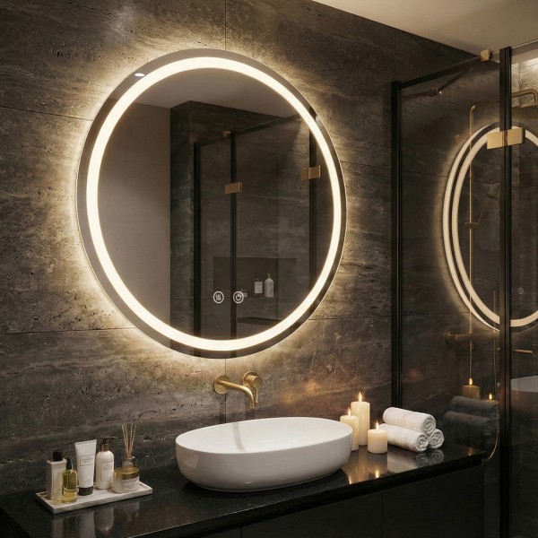 Детайлно изображение на LED Mirror Sun 60cm | Double Light Ring | Anti-Fog | Touch Control | IP54 Снимка на LED Mirror Sun 60cm | Double Light Ring | Anti-Fog | Touch Control | IP54