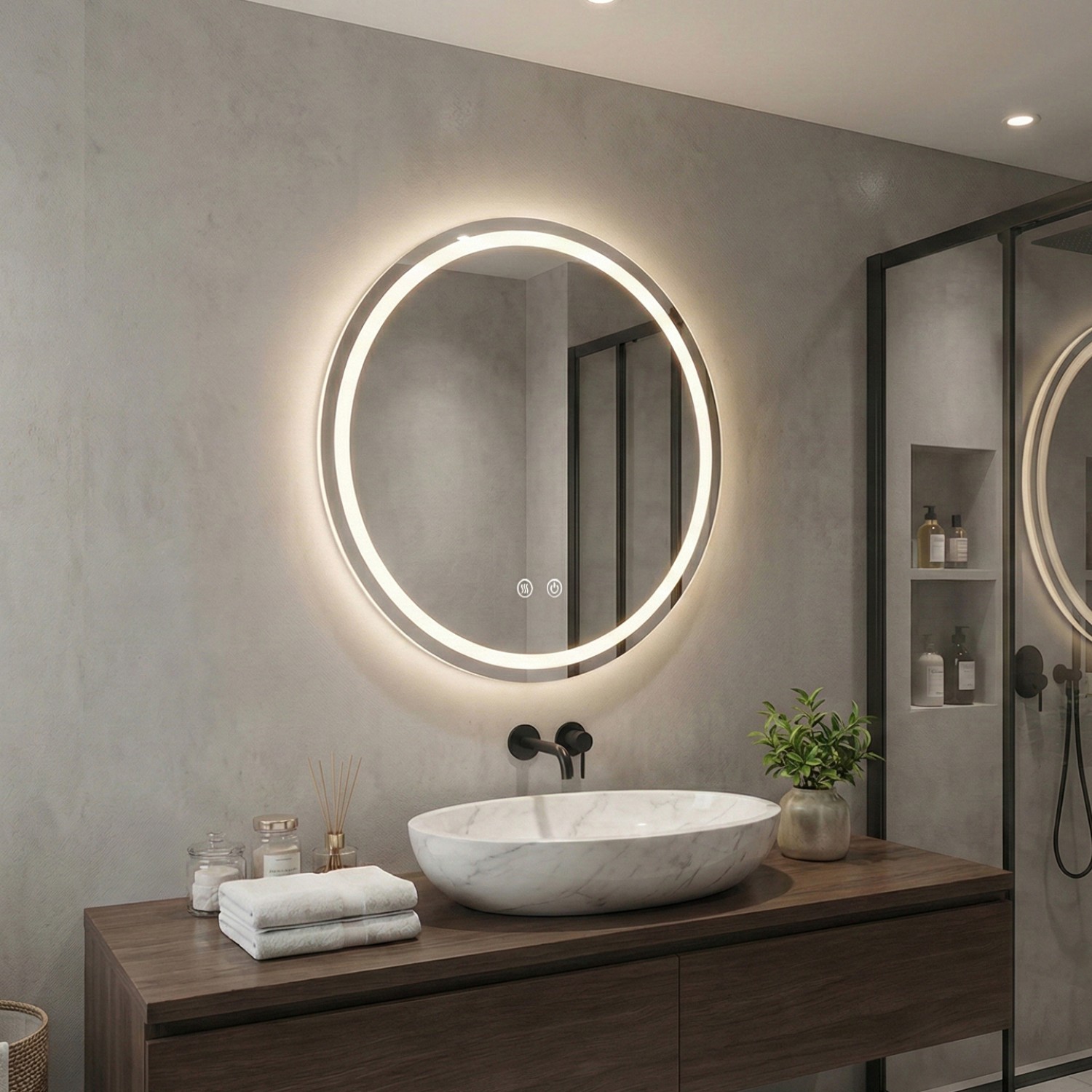 Детайлно изображение на LED Mirror Sun 60cm | Double Light Ring | Anti-Fog | Touch Control | IP54 Снимка на LED Mirror Sun 60cm | Double Light Ring | Anti-Fog | Touch Control | IP54