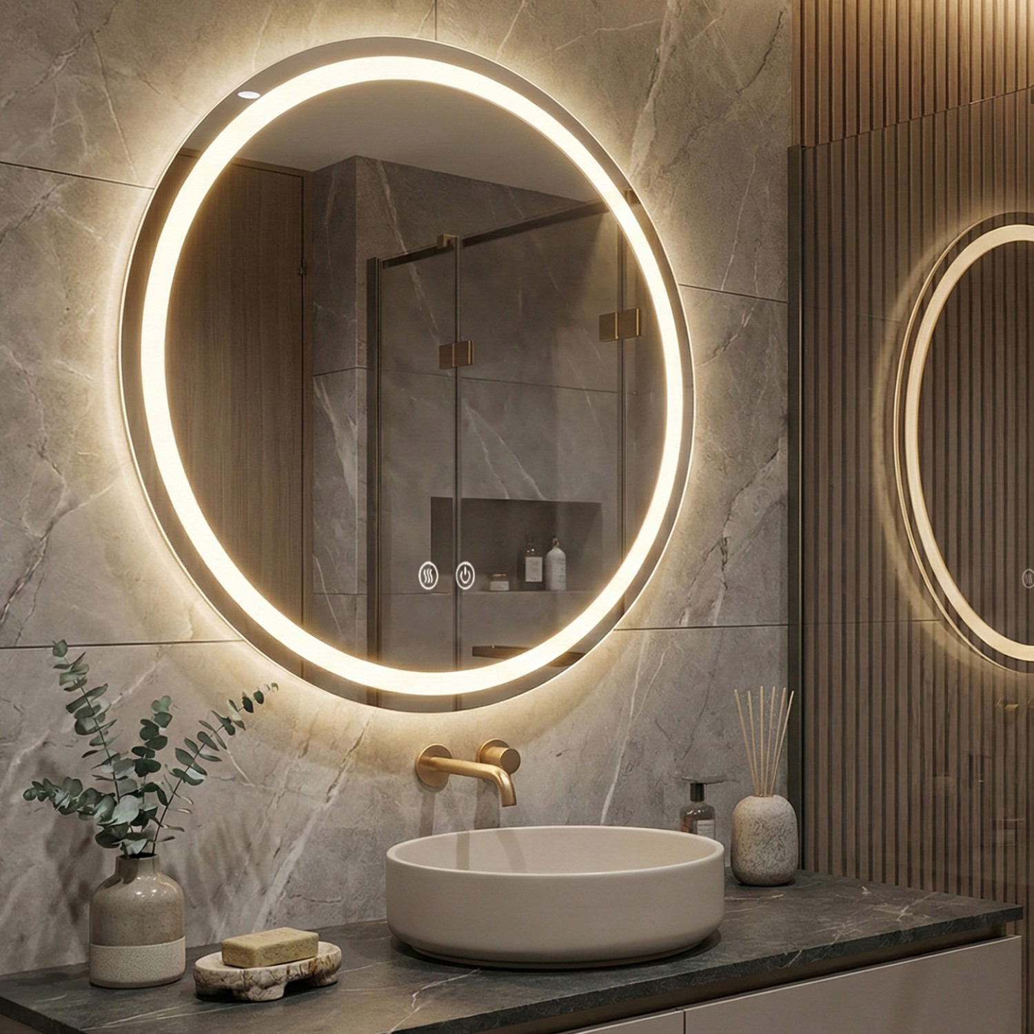 Детайлно изображение на LED Mirror Sun 60cm | Double Light Ring | Anti-Fog | Touch Control | IP54 Снимка на LED Mirror Sun 60cm | Double Light Ring | Anti-Fog | Touch Control | IP54