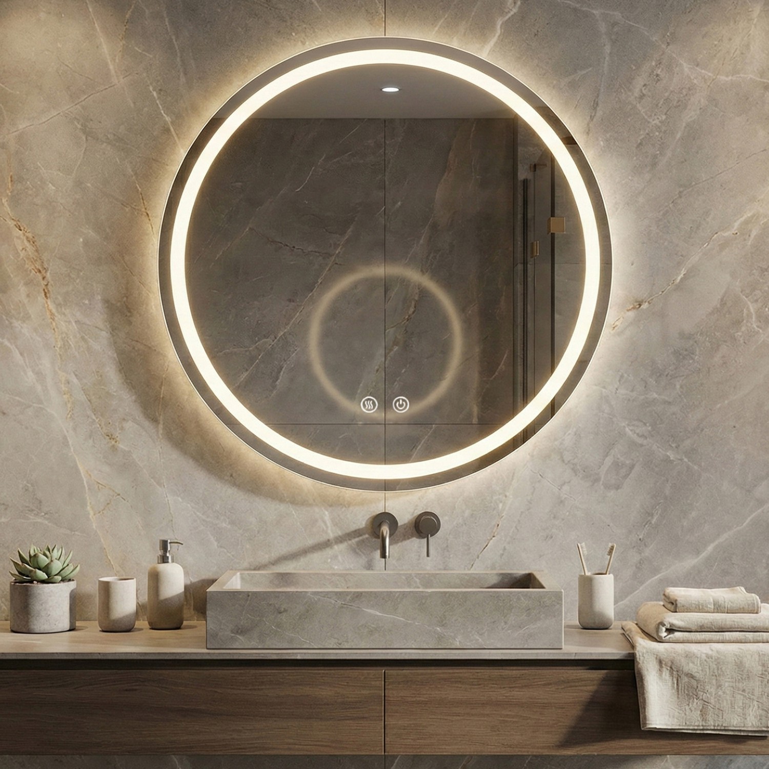 Детайлно изображение на LED Mirror Sun 60cm | Double Light Ring | Anti-Fog | Touch Control | IP54 Снимка на LED Mirror Sun 60cm | Double Light Ring | Anti-Fog | Touch Control | IP54
