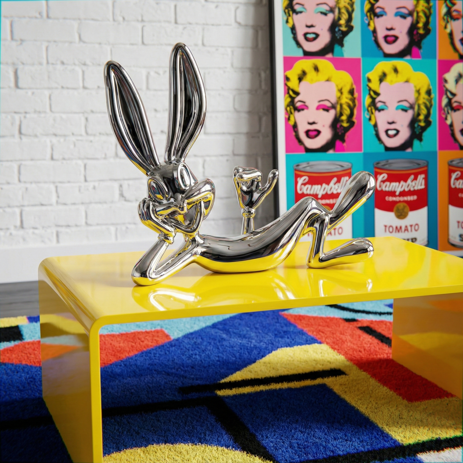 Снимка на Декоративна скулптура на лежащо зайче Bugs Bunny | Хромирана | 43cm