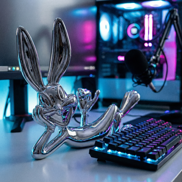 Снимка на Декоративна скулптура на лежащо зайче Bugs Bunny | Хромирана | 43cm